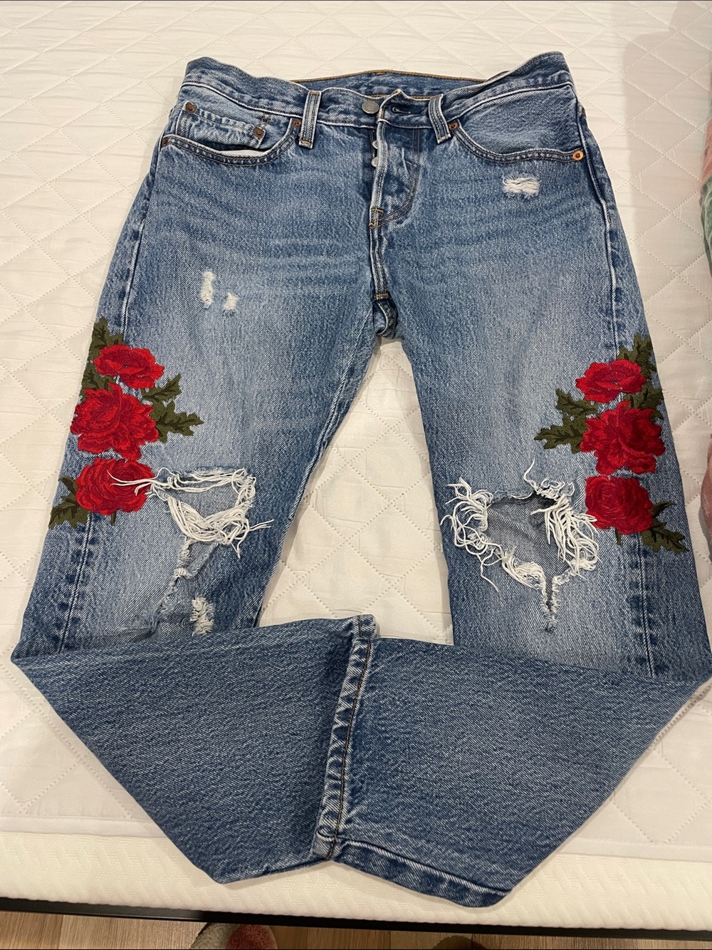 Levi's Blue Distressed Jeans with Red Rose Embroidery